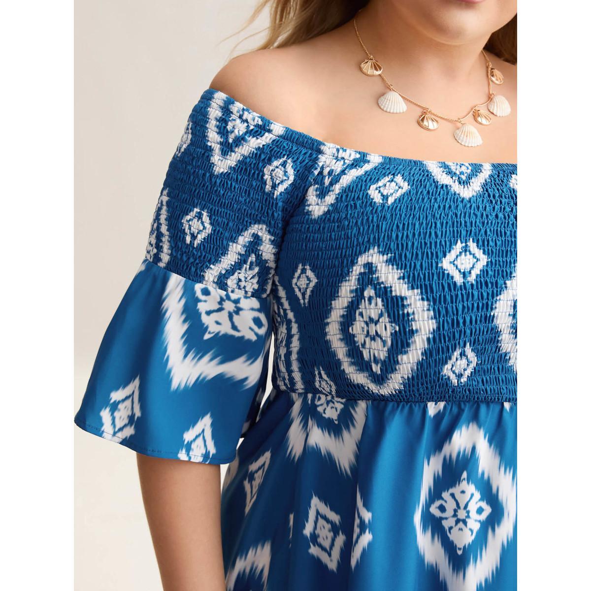 Plus Size Bandana Print Off-Shoulder Pockets Midi Dress Aegean Women Resort Shirred One-shoulder neck Elbow-length sleeve Curvy BloomChic 14-16/1X Product Image