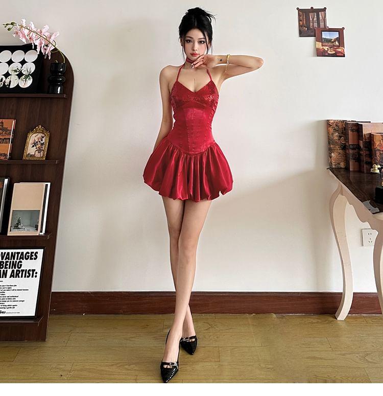 Halter Neck Corset Waist Sequin Mini A-Line Dress Product Image