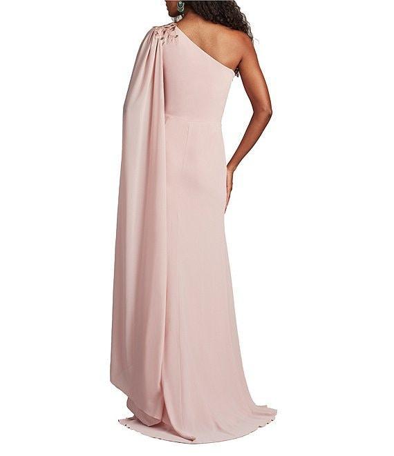 Tadashi Shoji One Shoulder Embroidered Lace Trim Capelet Sleeve Chiffon Sheath Gown Product Image