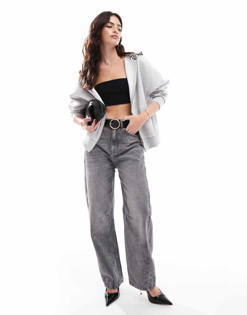 ASOS DESIGN oversized zip through hoodie with leopard hood in ice heather Product Image