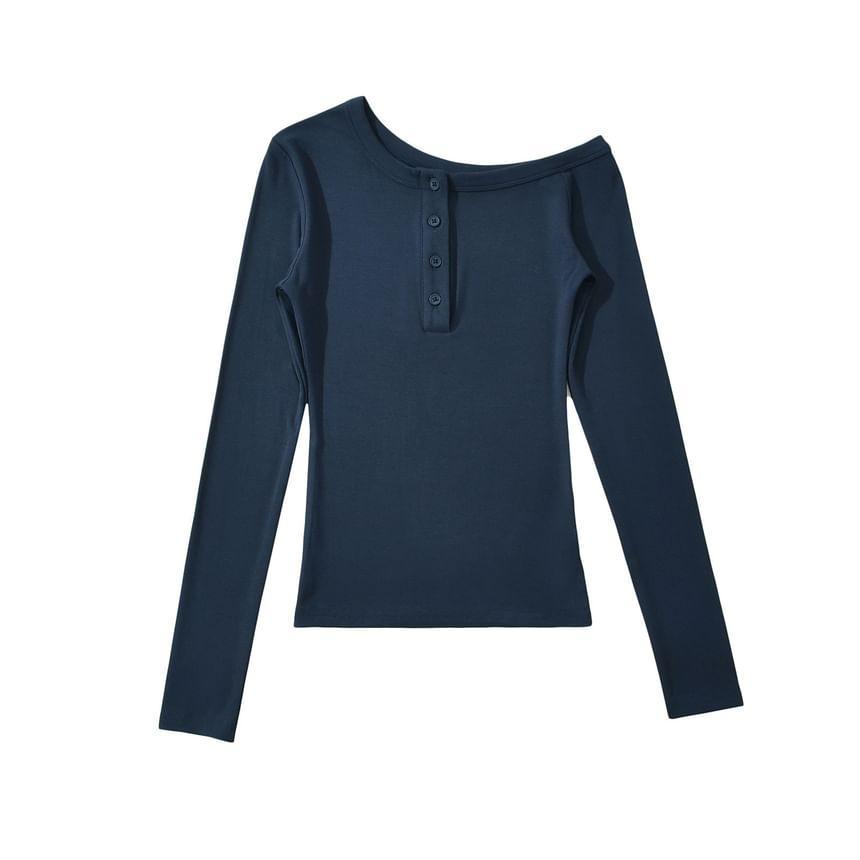 Cold-Shoulder Long-Sleeve Plain Henley Tee Product Image