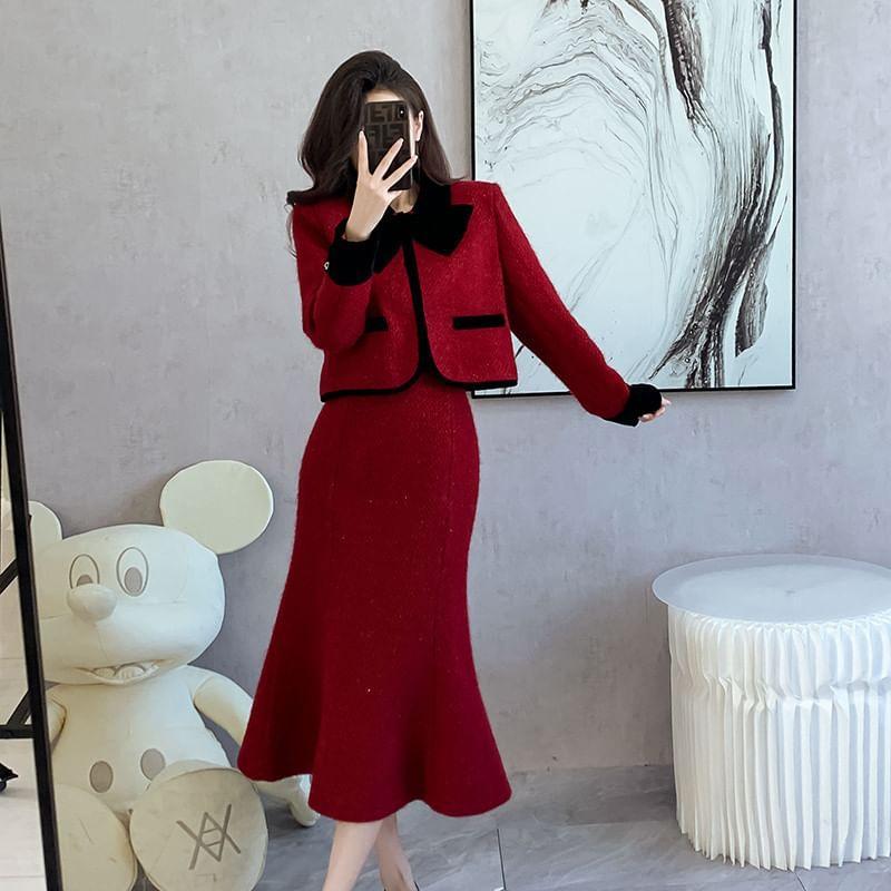 Set: Bow Contrast Trim Jacket + High Rise Mini Mermaid Skirt Product Image