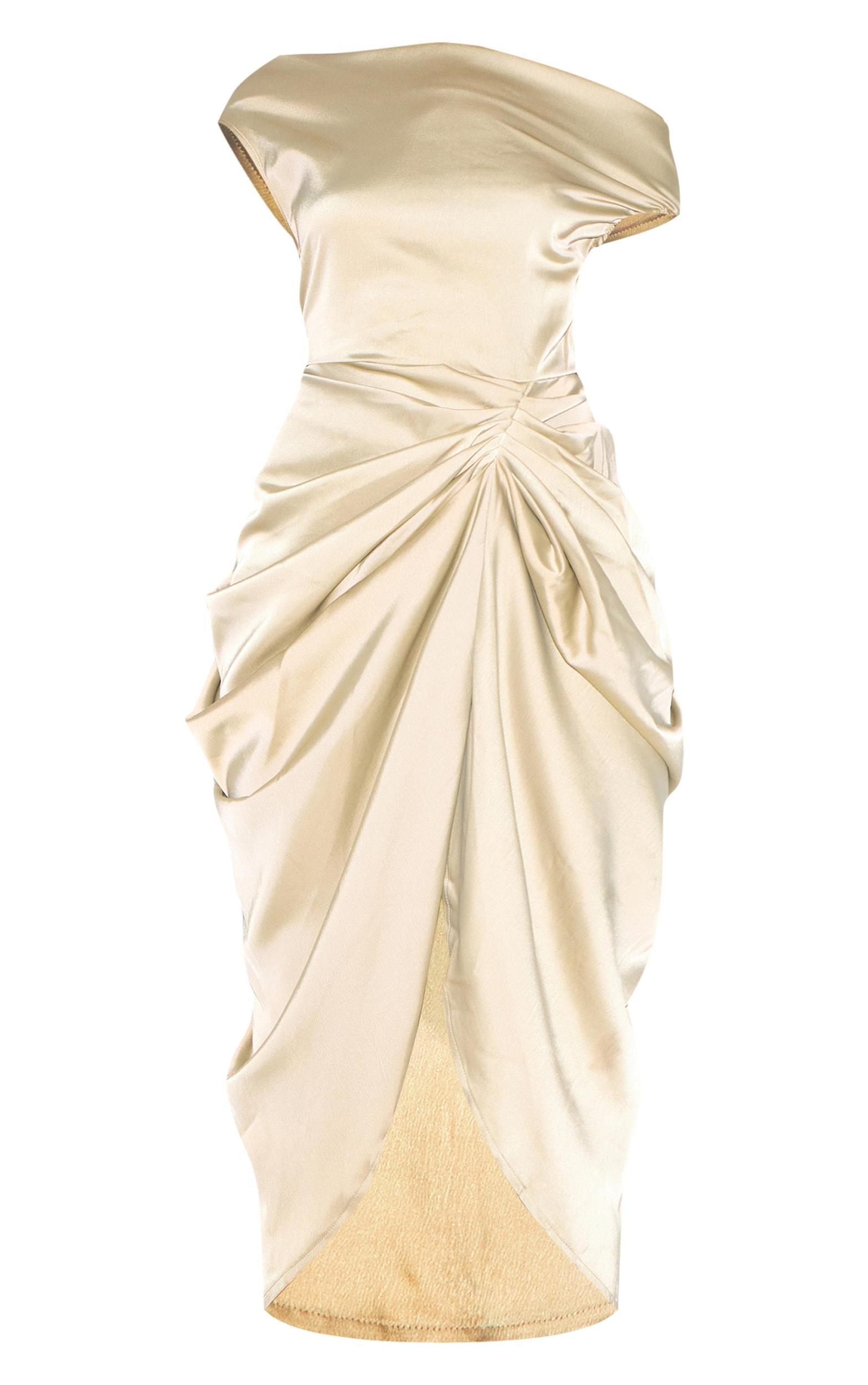 Sage Green Satin Off The Shoulder Draped Skirt Midi Dress Product Image