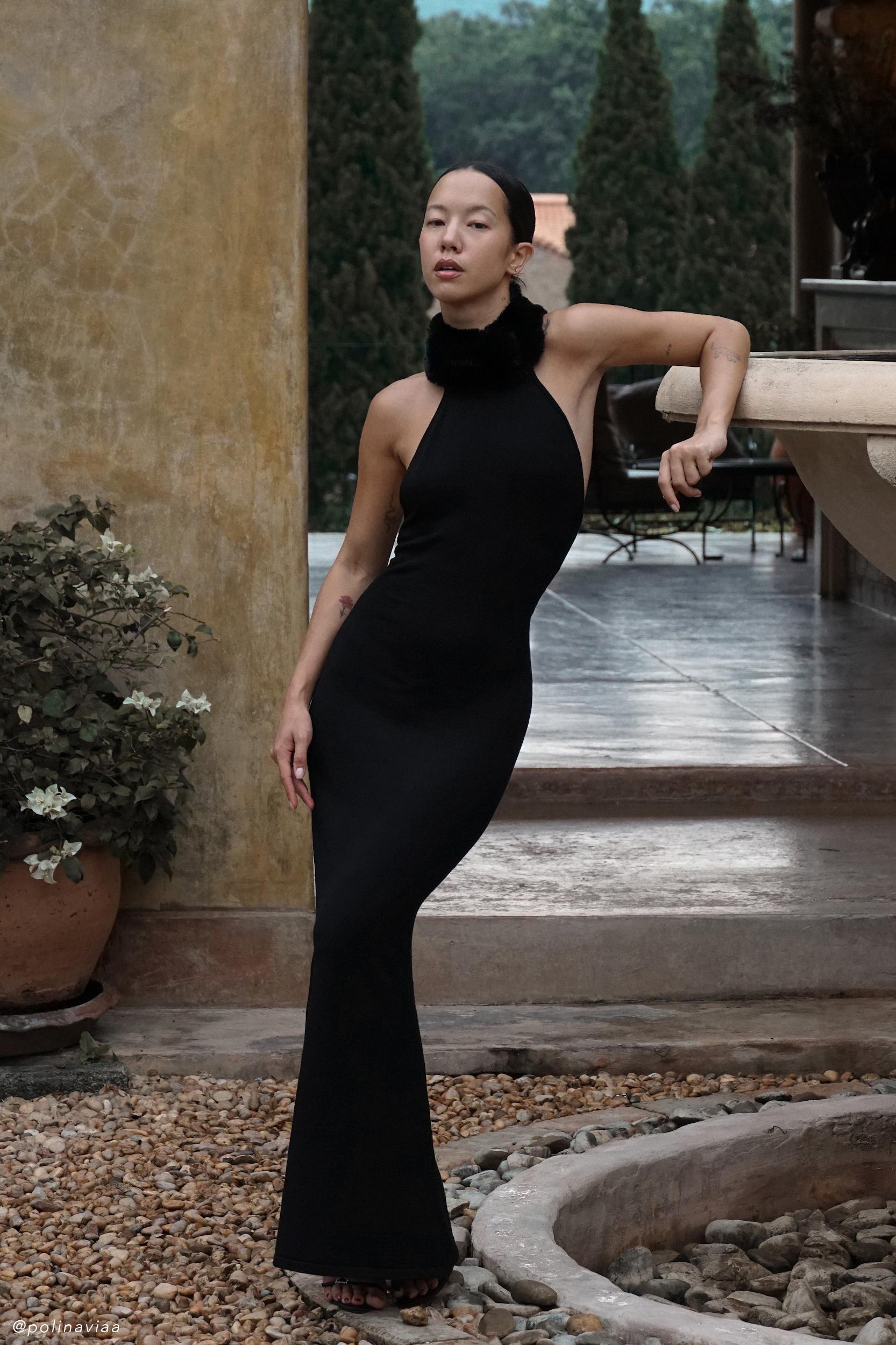 Elva Halter Knit Maxi Dress With Faux Fur - Black Product Image