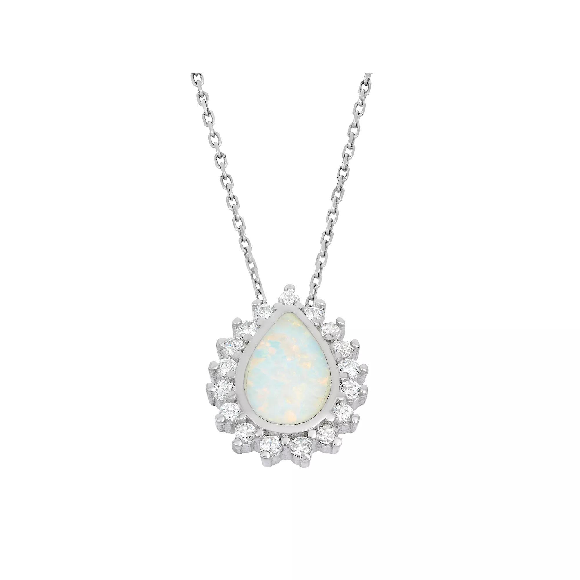 Lab-Created Opal & Cubic Zirconia Sterling Silver Teardrop Halo Pendant Necklace, Women's, Size: 18", White Product Image