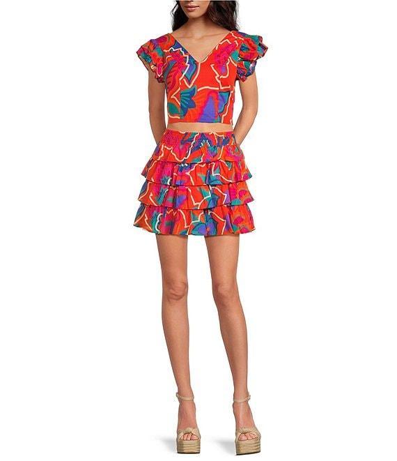 Sugarlips Kahlia Tropics Mavey V-Neck Ruffle Cap Sleeve Coordinating Crop Top Product Image