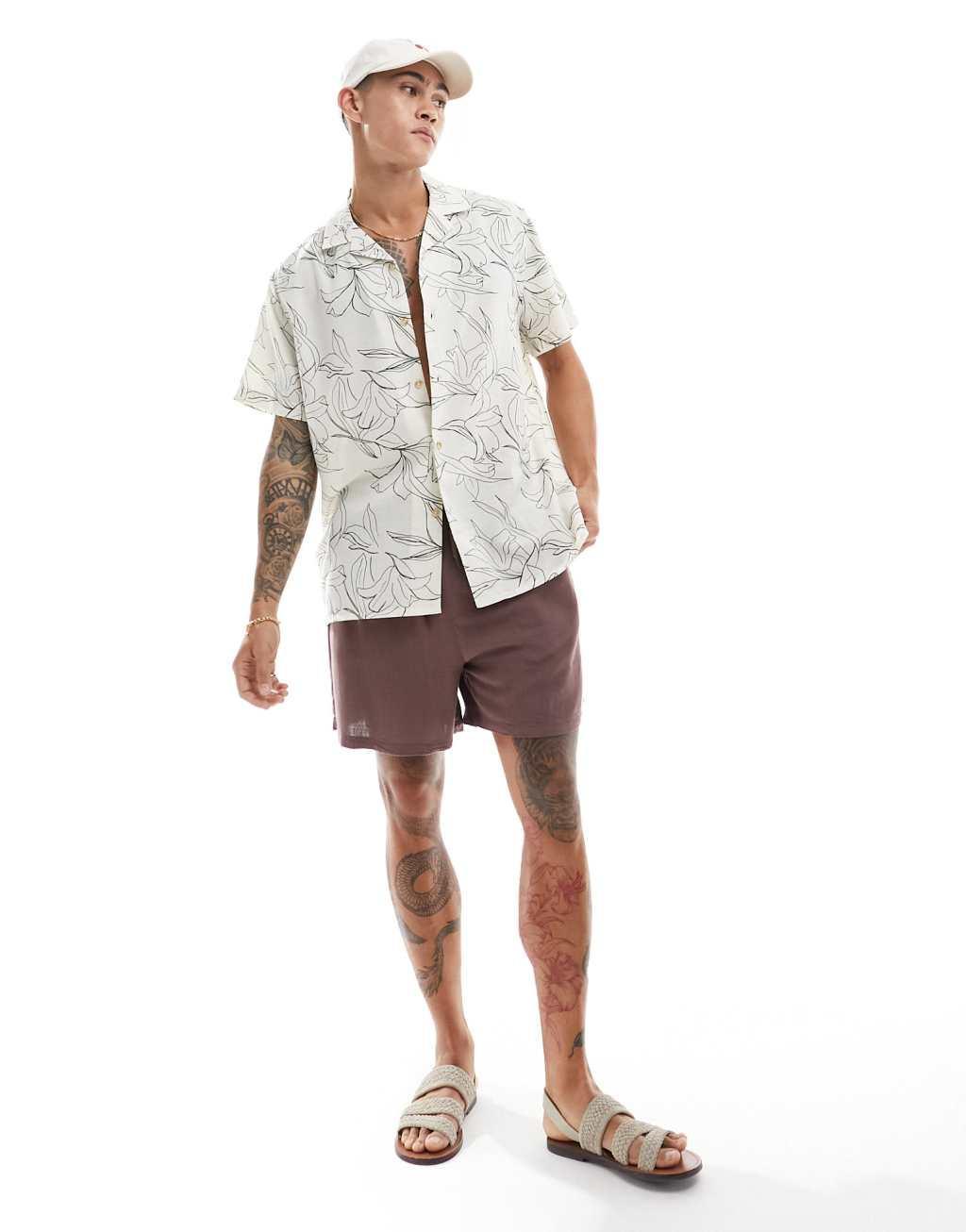 ASOS DESIGN relaxed revere beachy shirt in line drawn lily print in ecru  Product Image