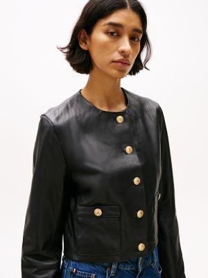 Cropped Collarless Leather Jacket Product Image