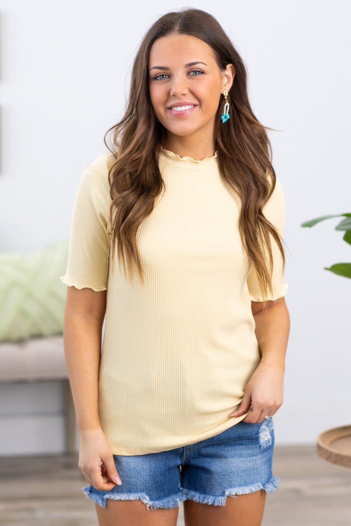 Pastel Yellow Rib Knit Lettuce Trim Top Product Image