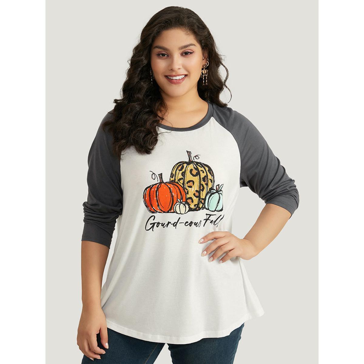 Plus Size Halloween Pumpkin & Letter Print Raglan Sleeve T-shirt White Women Casual Contrast Halloween Festival-Halloween T-shirts BloomChic 22-24/3X Product Image