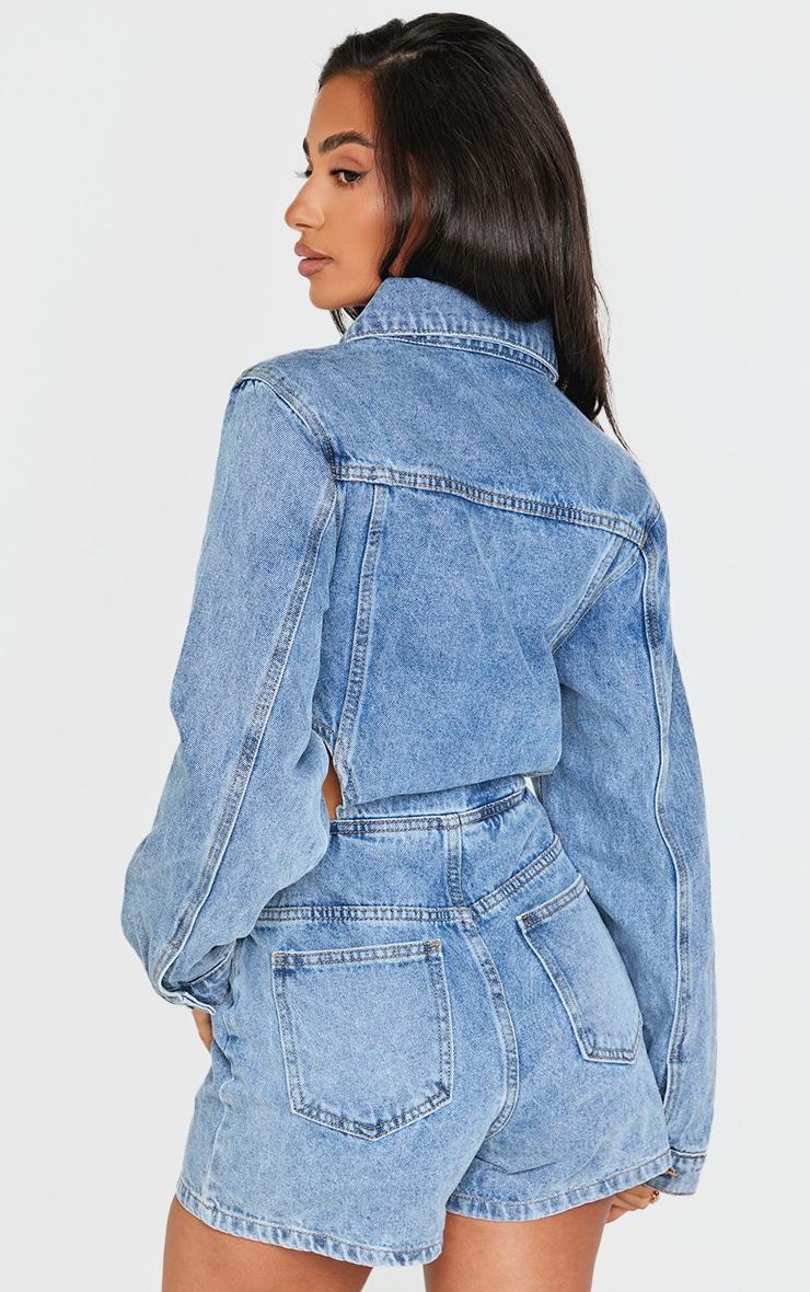 Petite Light Blue Wash Denim Cut Out Romper Product Image