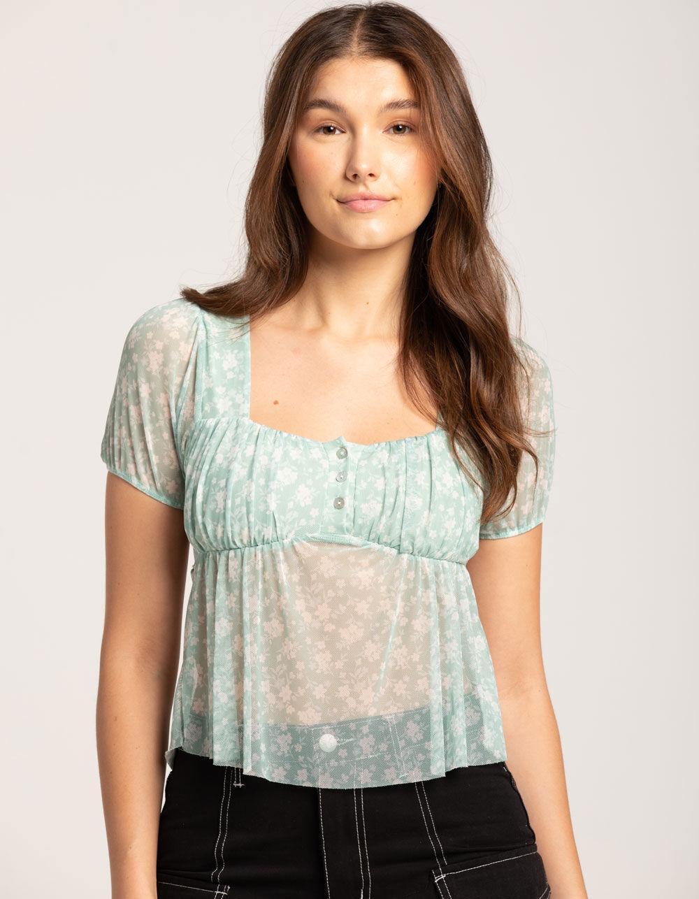 RSQ Womens Mesh Puff Sleeve Babydoll Top - GREEN Product Image