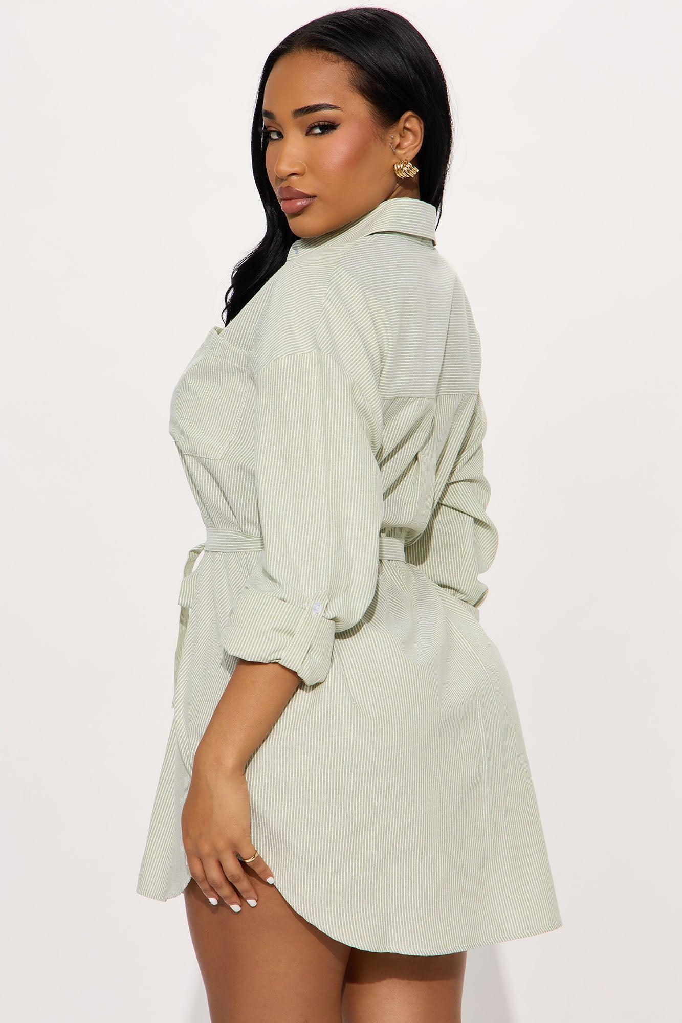Morgan Pinstripe Shirt Mini Dress - Olive/combo Product Image