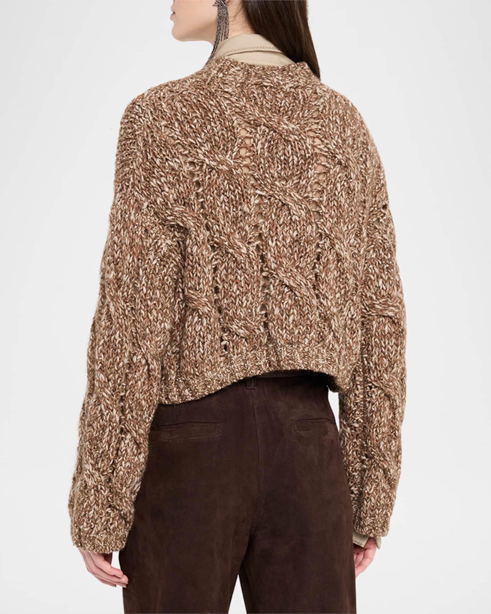 Marled Wool Mohair Sequined Cable-Knit Crop Sweater Product Image
