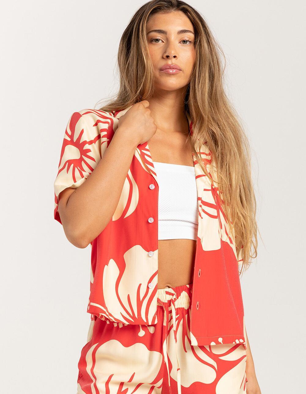 DUVIN Trouble In Paradise Womens Crop Button Up Shirt Product Image