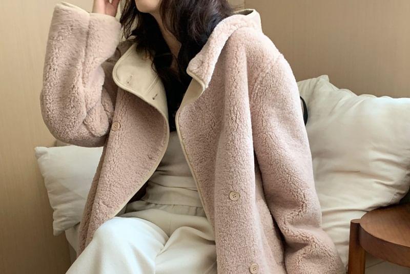 Stand Collar Faux Shearling Midi Double Breasted Coat Product Image
