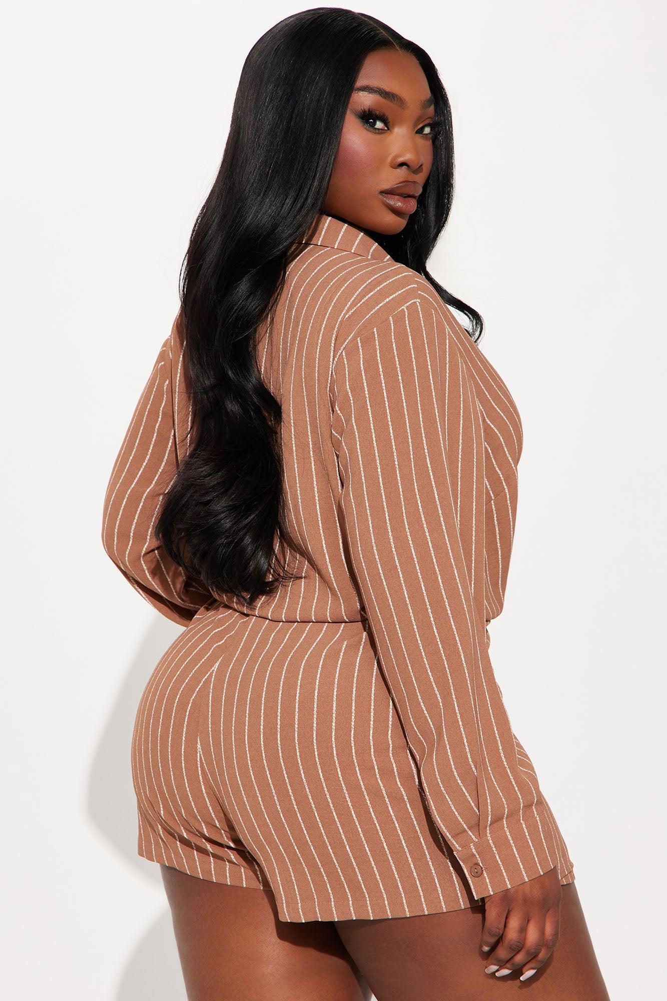 Clock In Pinstripe Romper - Brown Product Image