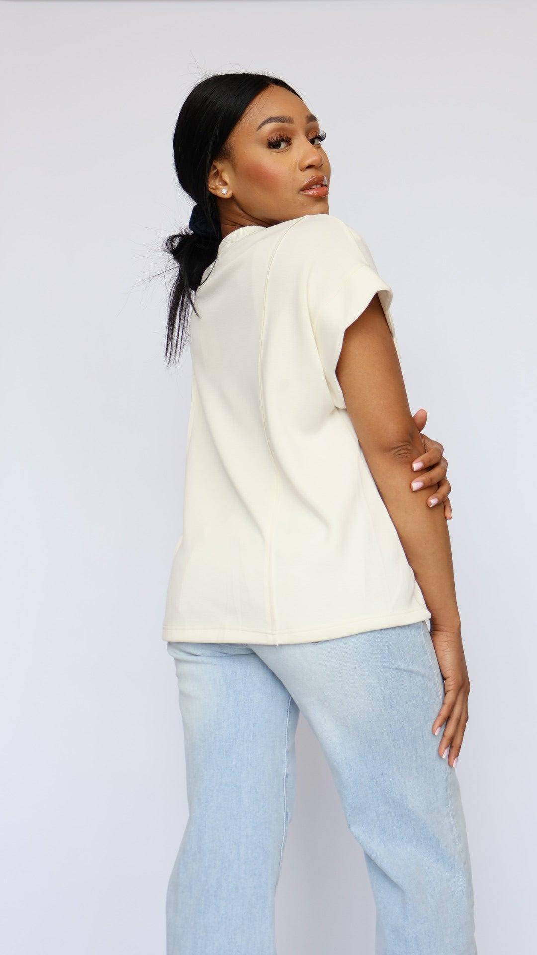 Scallop Sleeve Short Sleeve Sweatshirt Product Image
