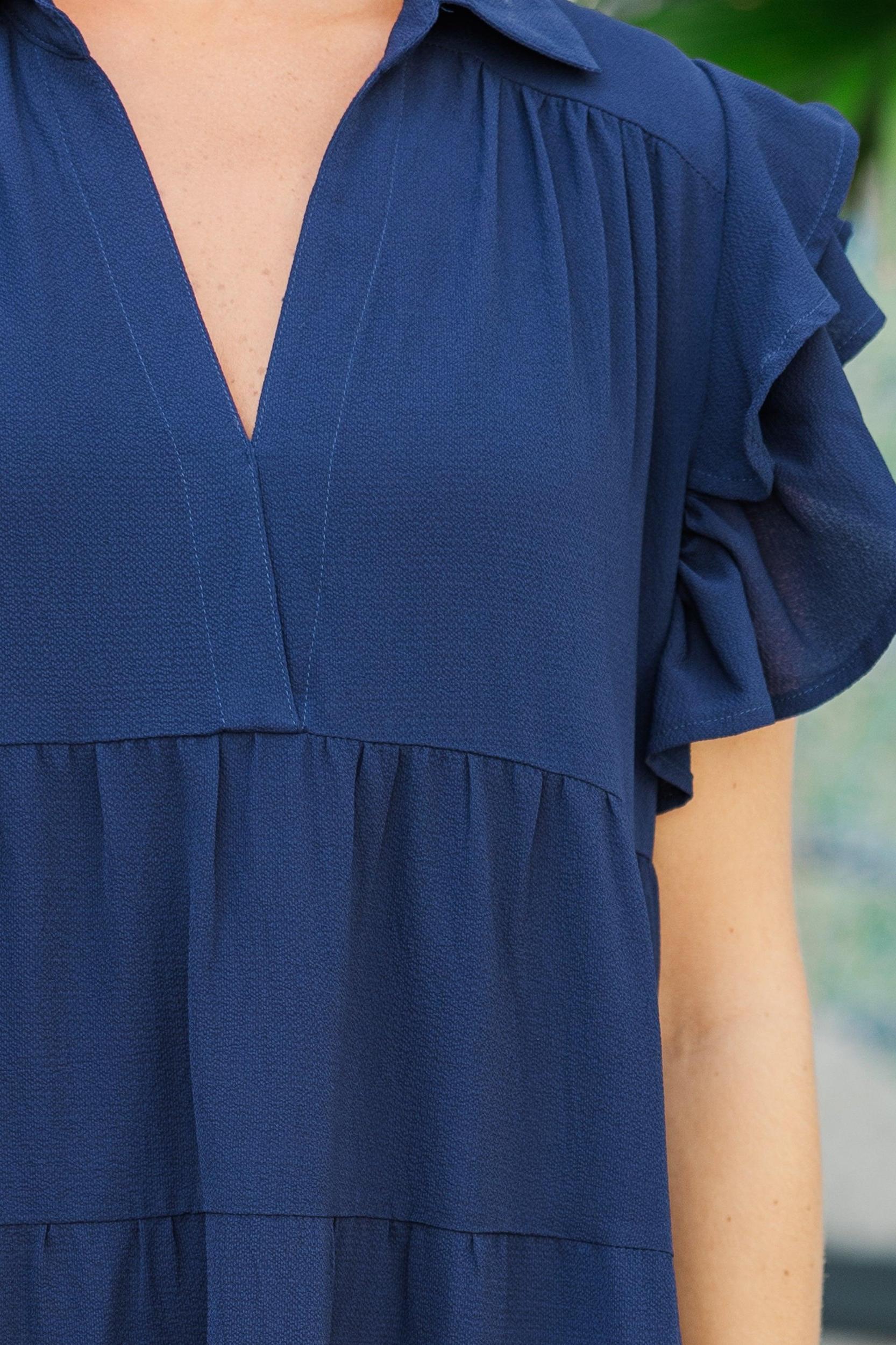 Look You Up Navy Blue Ruffled Midi Dress Female Product Image
