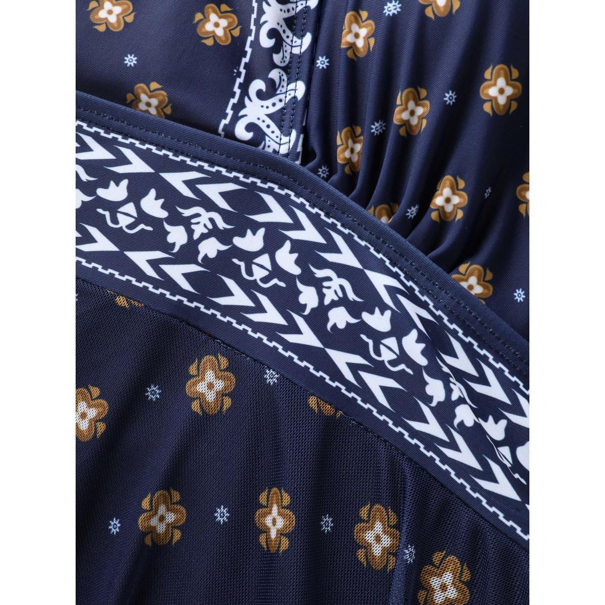 Plus Size Sheer Boho Print Surplice Swim Dress Women's Swimwear Indigo Beach Bodycon Overlap Collar High stretch Curve Swim Dresses BloomChic 14-16/1X Product Image
