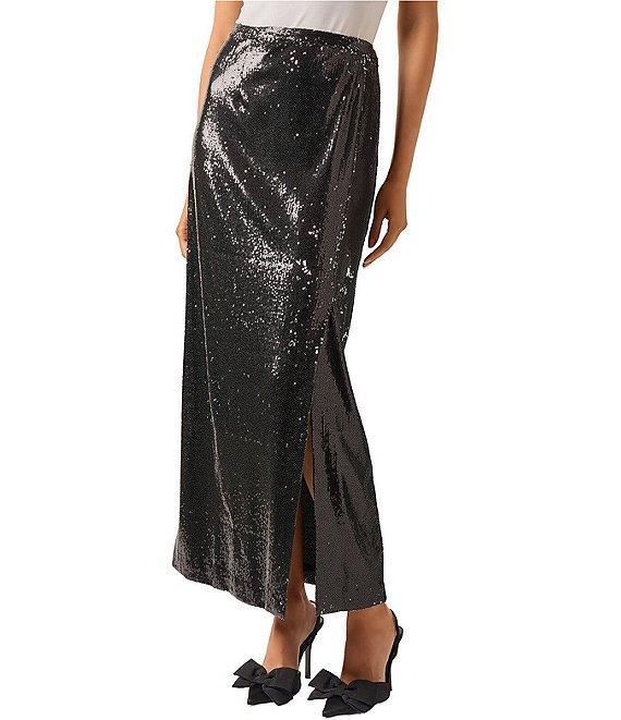 MISOOK Woven Sequin Side Slit Maxi Skirt Product Image