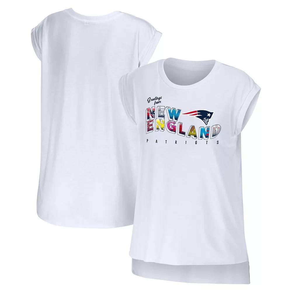 Women's WEAR by Erin Andrews White New England Patriots Greetings From Muscle T-Shirt, Size: XS Product Image