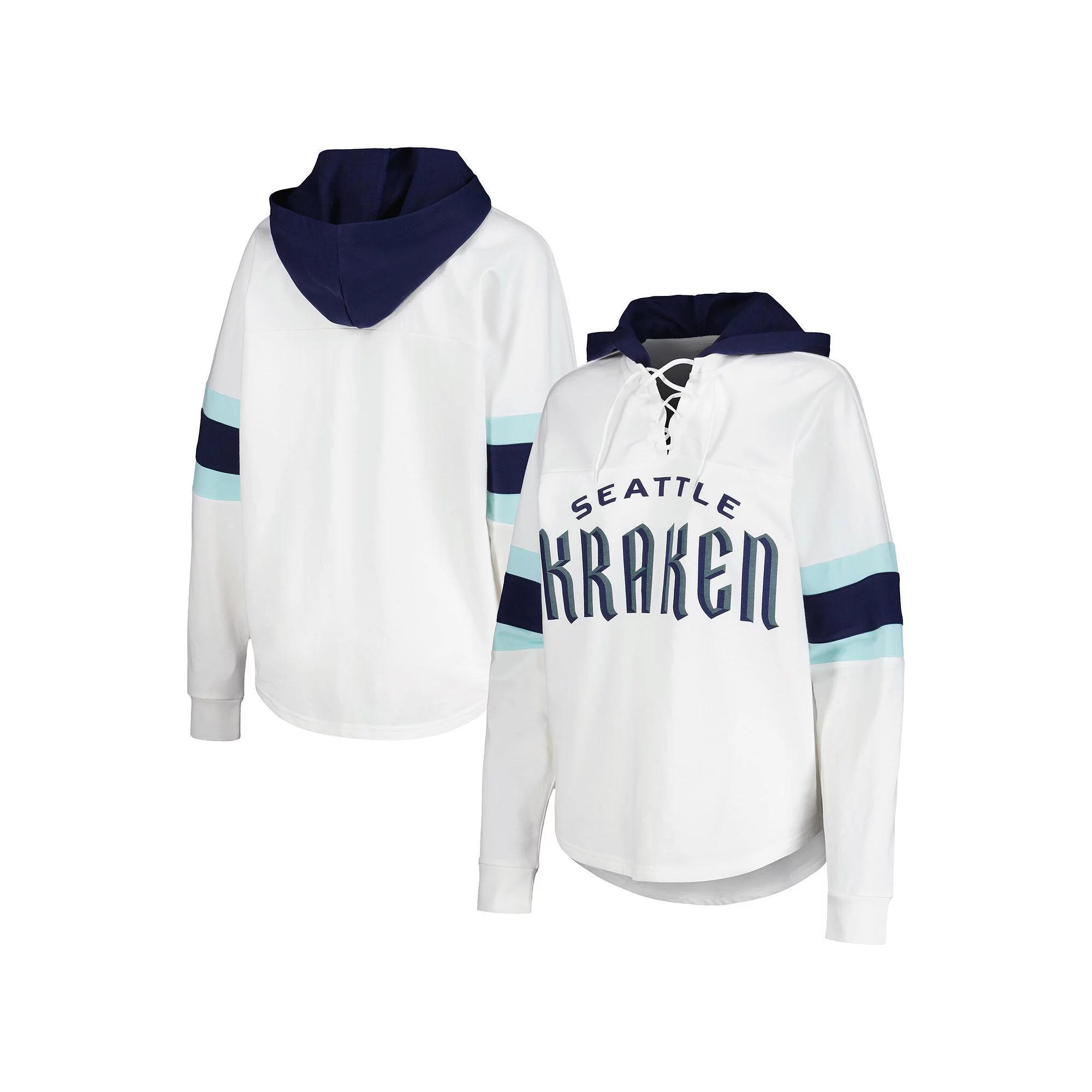 Women's G-III 4Her by Carl Banks White/Deep Sea Blue Seattle Kraken Goal Zone Long Sleeve Lace-Up Hoodie T-Shirt, Size: Large, Krk White Product Image
