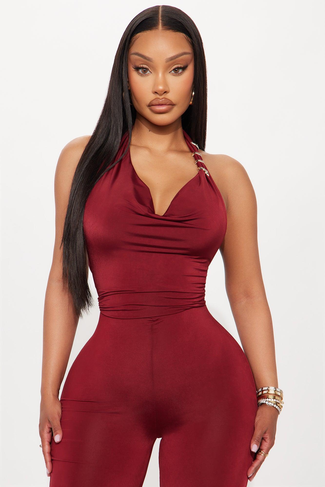 Snake's Kiss Halter Wide Leg Jumpsuit - Burgundy Product Image