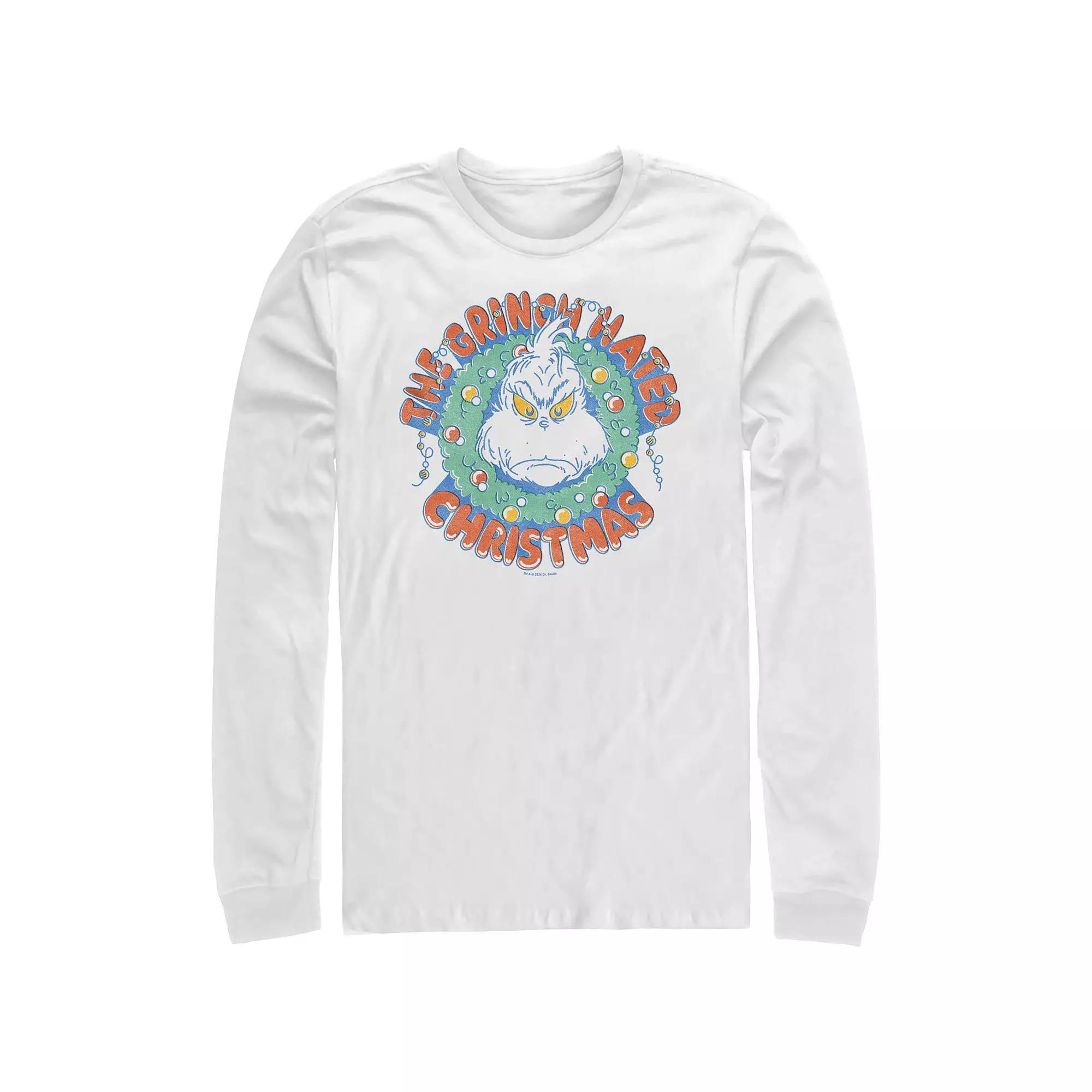 Men's Dr. Seuss The Grinch Hated Christmas Wreath Long Sleeve Graphic Tee, Size: XL, White Product Image