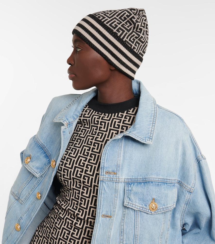 BALMAIN Embroidered Monogram Wool-blend Beanie In Glo Ivoire/noir/or Product Image