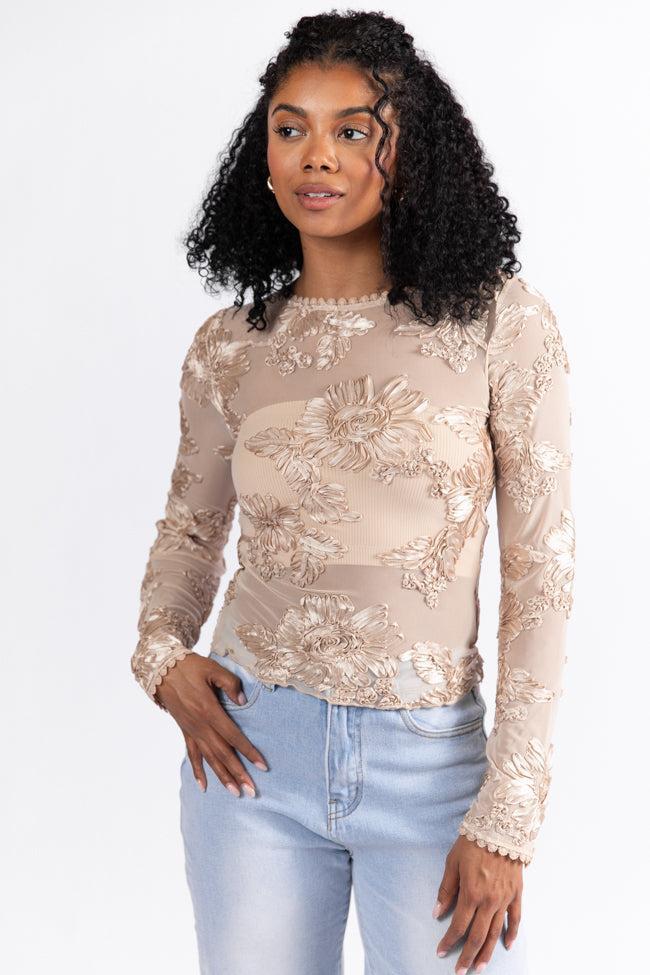 My Two Cents Champagne Floral Applique Mesh Top FINAL SALE Product Image