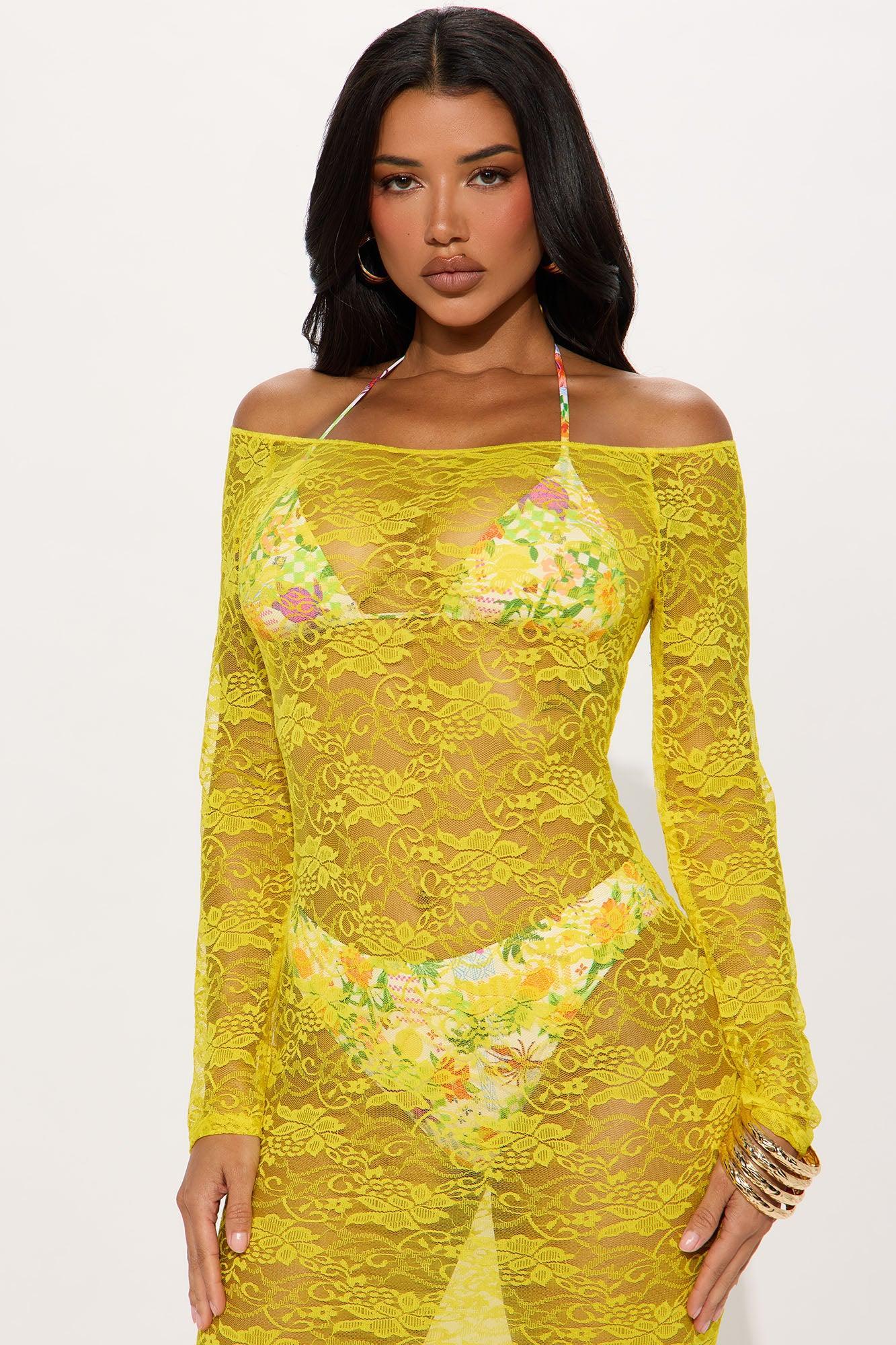 Cali Off Shoulder Sheer Lace Cover Up Maxi Dress - Yellow Product Image