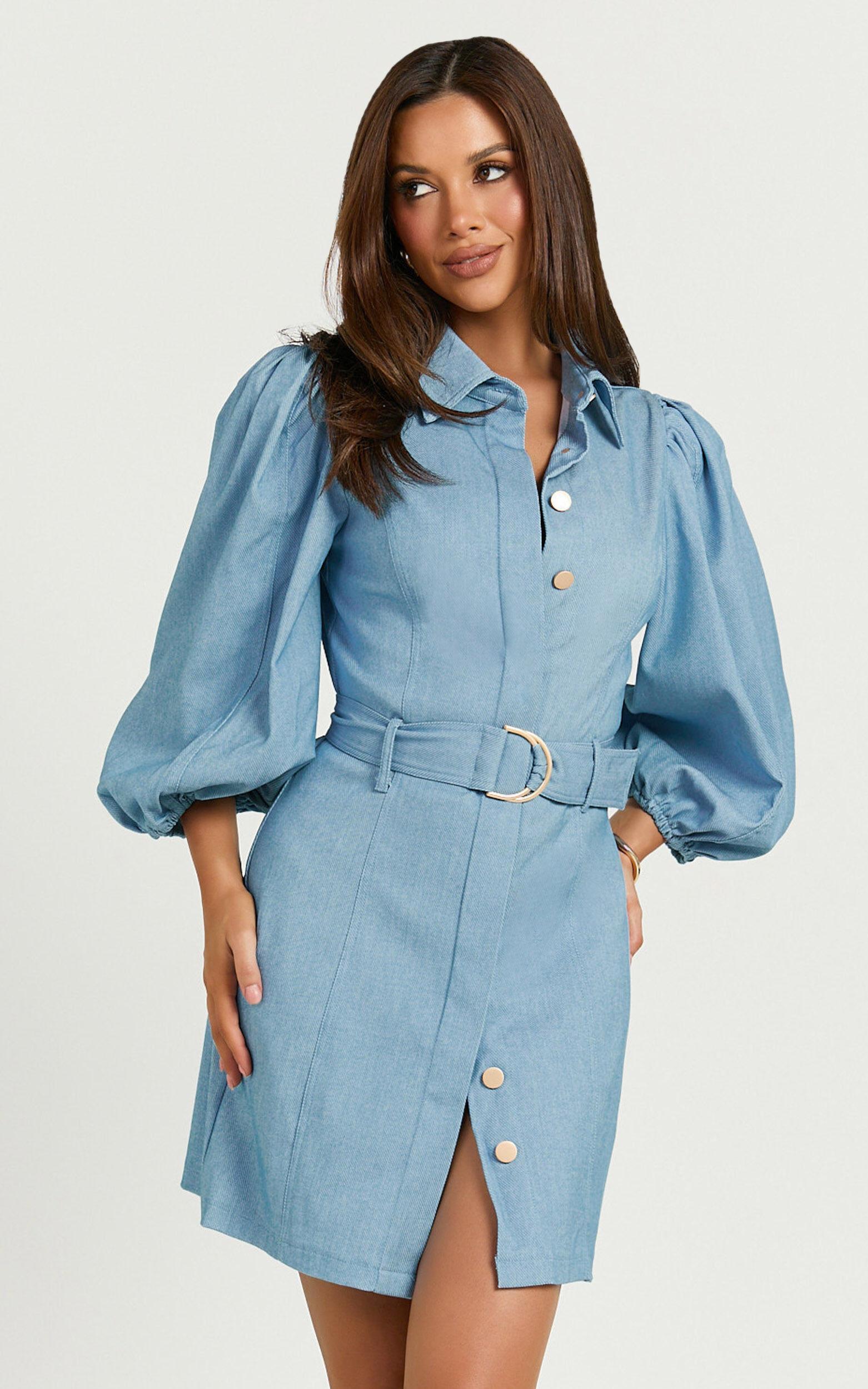 Aubrie Mini Dress - Blouson Sleeve Button Through Belted Dress in Light Blue Product Image