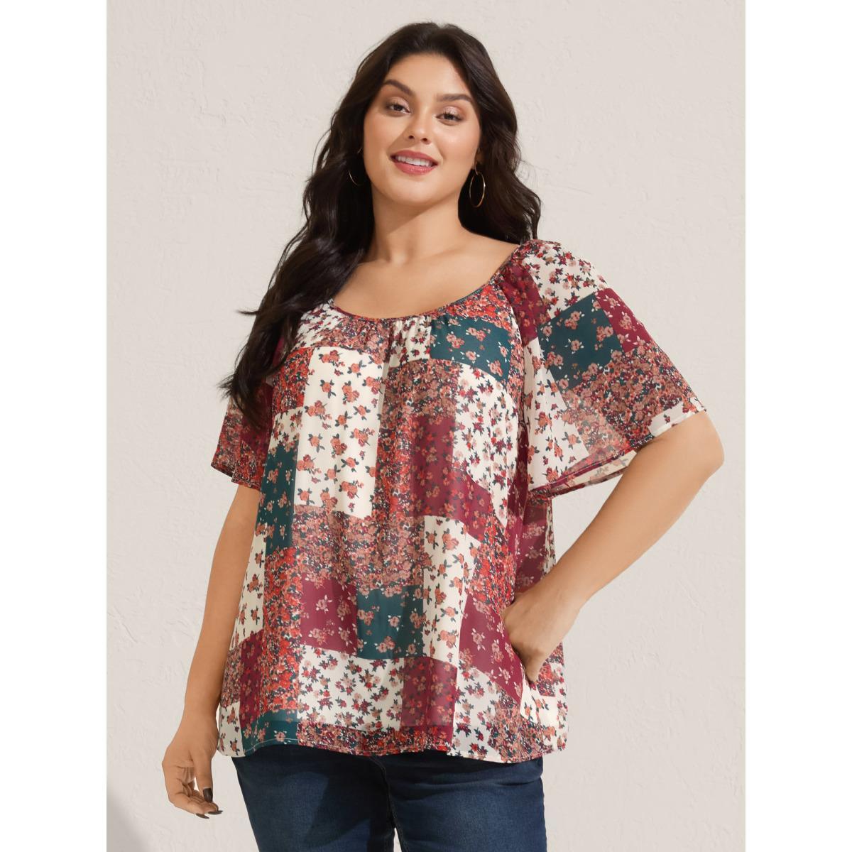 Plus Size Multicolor Boho Collage Print Backless Tie Blouse Women Short sleeve Round Neck Vacation Blouses BloomChic 30/6X Product Image