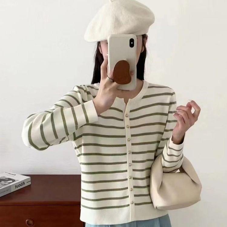 Round Neck Striped Cardigan Product Image