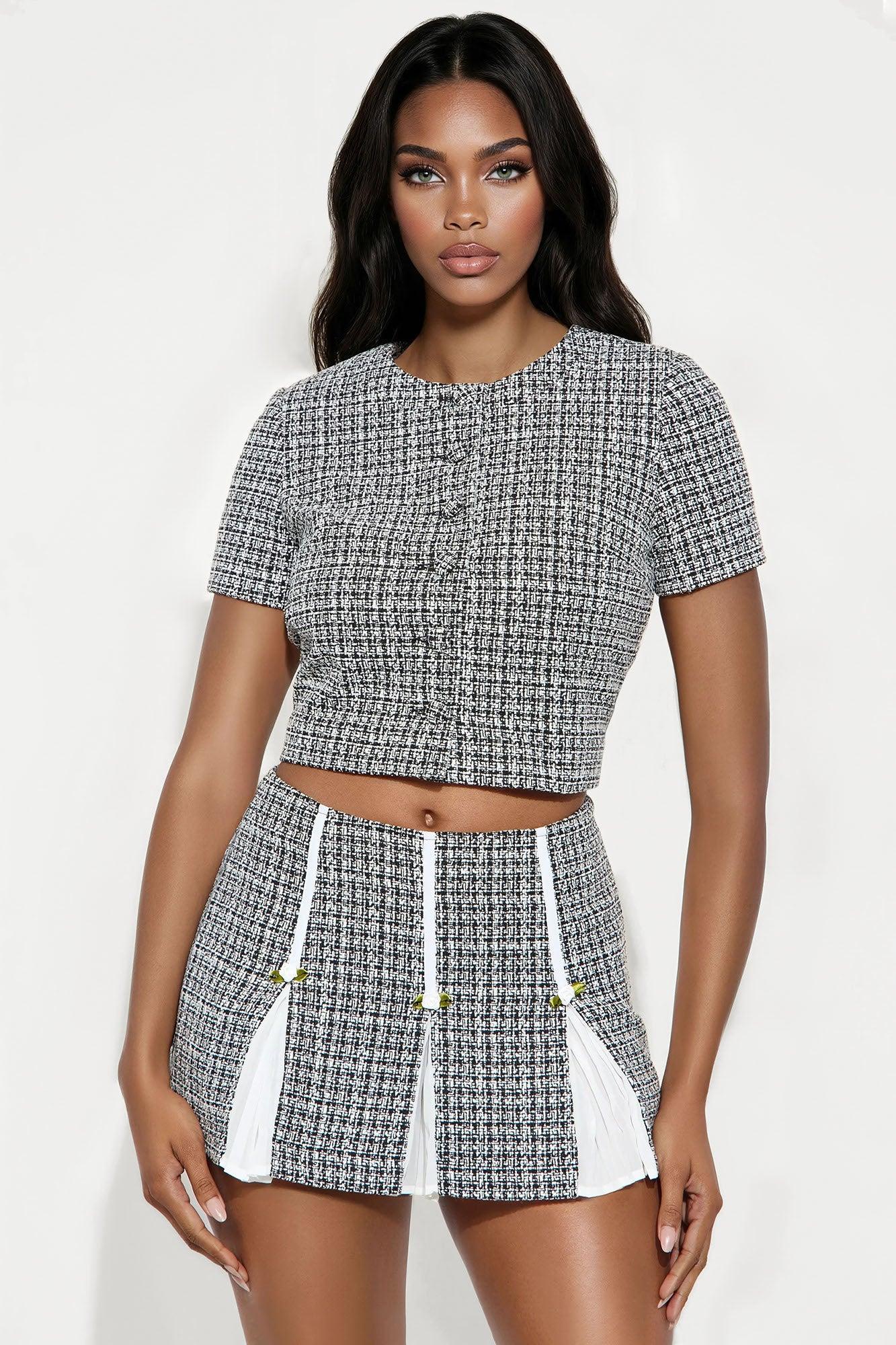 Let's have Tea Tweed Cropped Short Sleeve Blazer - Black Female Product Image