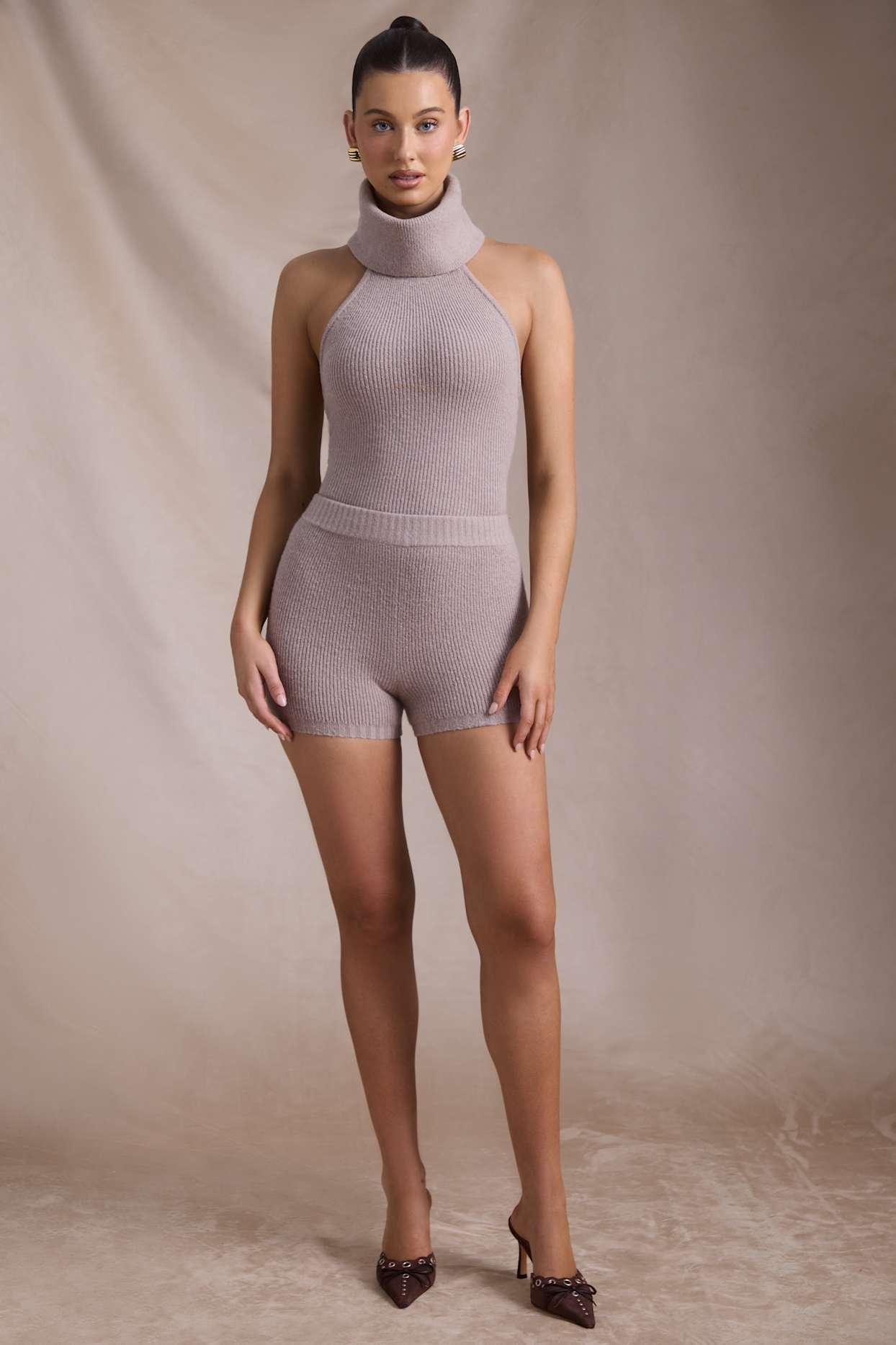 Ribbed-Knit Turtleneck Backless Top in Taupe Product Image