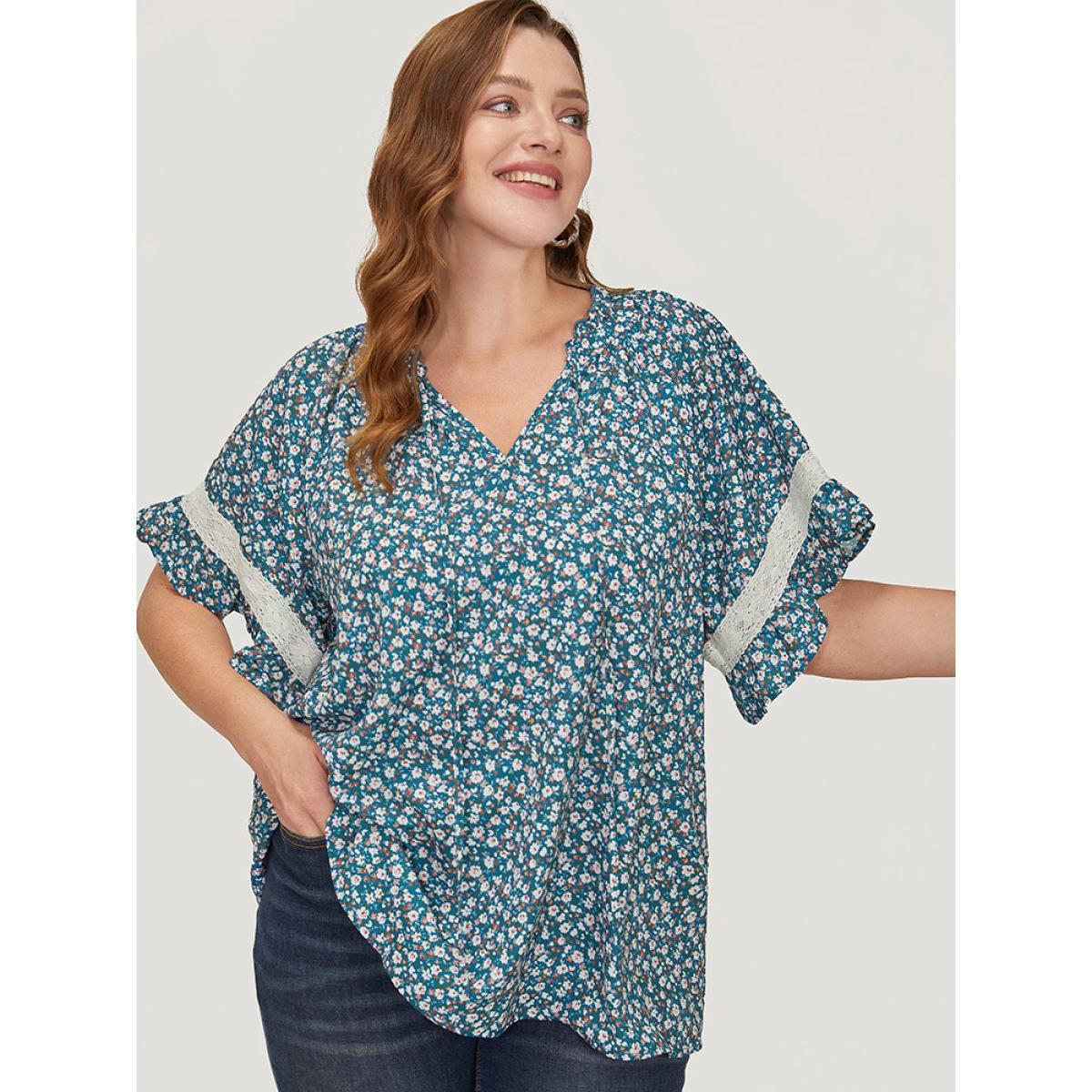 Plus Size Aegean Ditsy Floral Frill Trim Lace Ruffle Sleeve Tie Neck Blouse Women Elegant Short sleeve Tie Neck Dailywear Blouses BloomChic 14-16/1X Product Image