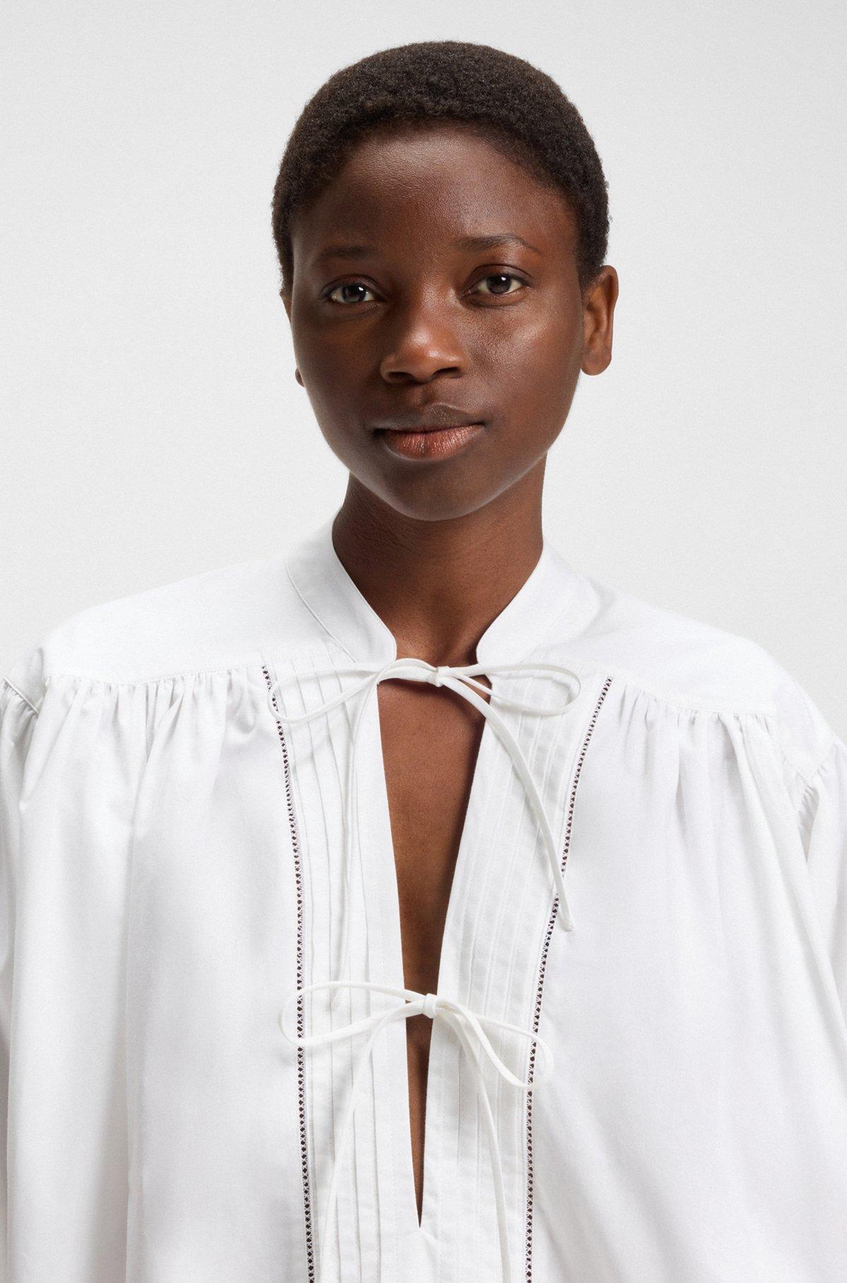 BOSS - Relaxed-fit blouse in cotton poplin with tie neckline - White Product Image