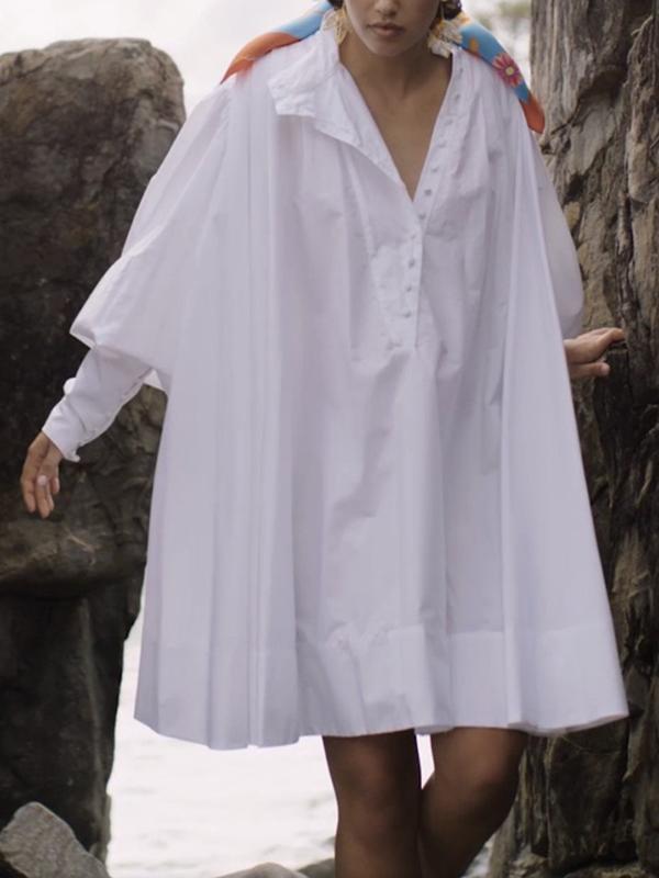 Long Sleeves Loose Buttoned Solid Color Stand Collar Mini Dresses Shirt Dress Product Image