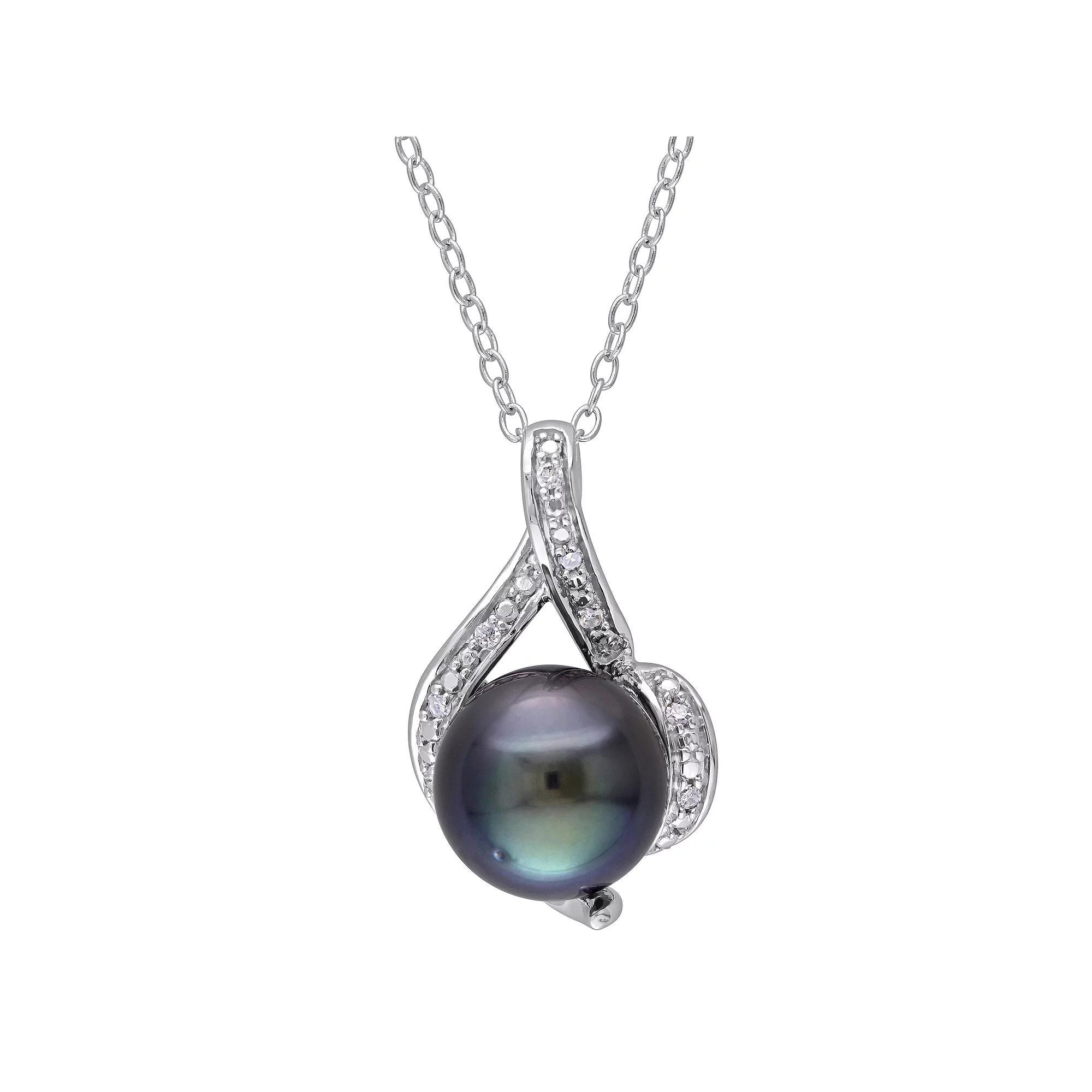 Stella Grace Sterling Silver Diamond Accent & Tahitian Cultured Pearl Pendant, Women's, Size: 18" Product Image