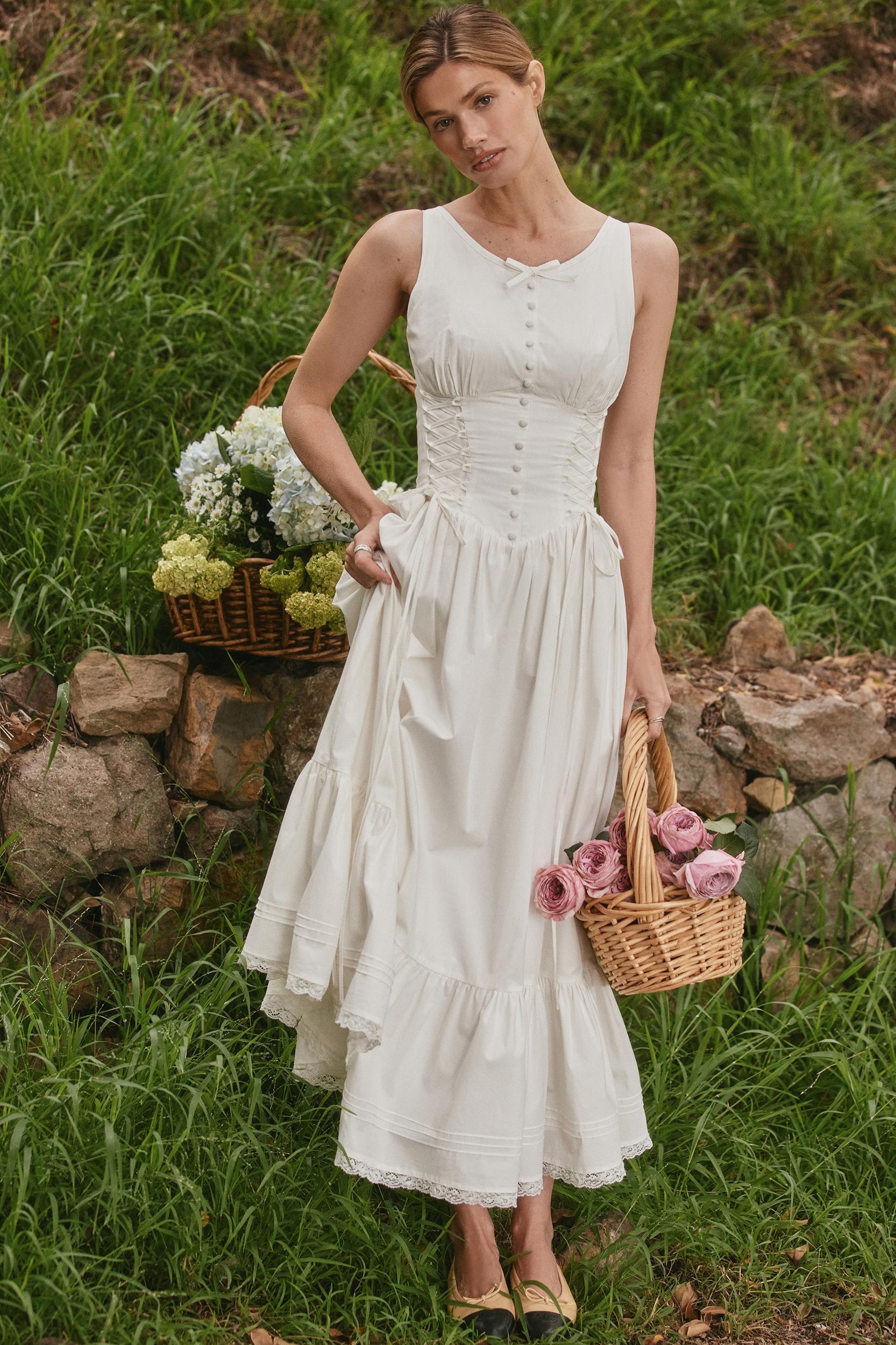 Sienna  white stretch cotton lace up midi dress Product Image