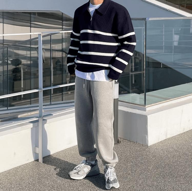 RT No. 11527 KNIT STRIP POLO ZIP-UP SWEATER Product Image