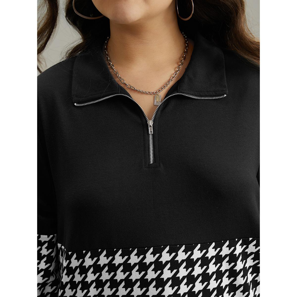 Plus Size Houndstooth Patchwork Half Zip Sweatshirt Women Black Casual Elastic cuffs Polo Dailywear Sweatshirts BloomChic 18-20/2X Product Image
