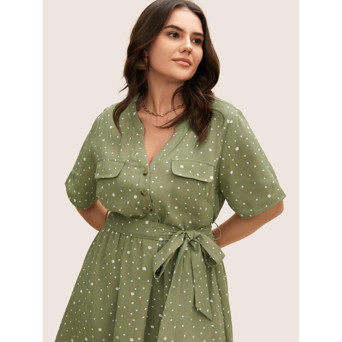 Plus Size Notched Collar Polka Dot Button Up Dress Sage Women At the Office Belted Notched collar Short sleeve Curvy BloomChic 30/6X Product Image