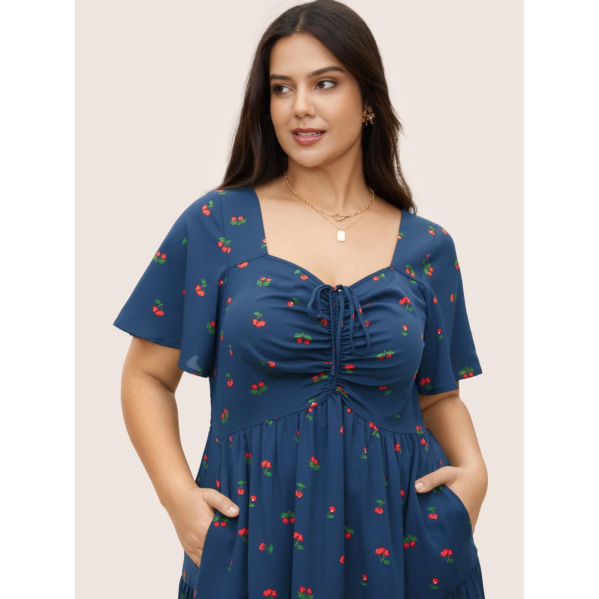 Plus Size Citrus Fruit Print Heart Neckline Drawstring Pleated Dress DarkBlue Women Elegant Pleated Heart neckline Short sleeve Curvy Midi Dress BloomChic 28/5X Product Image