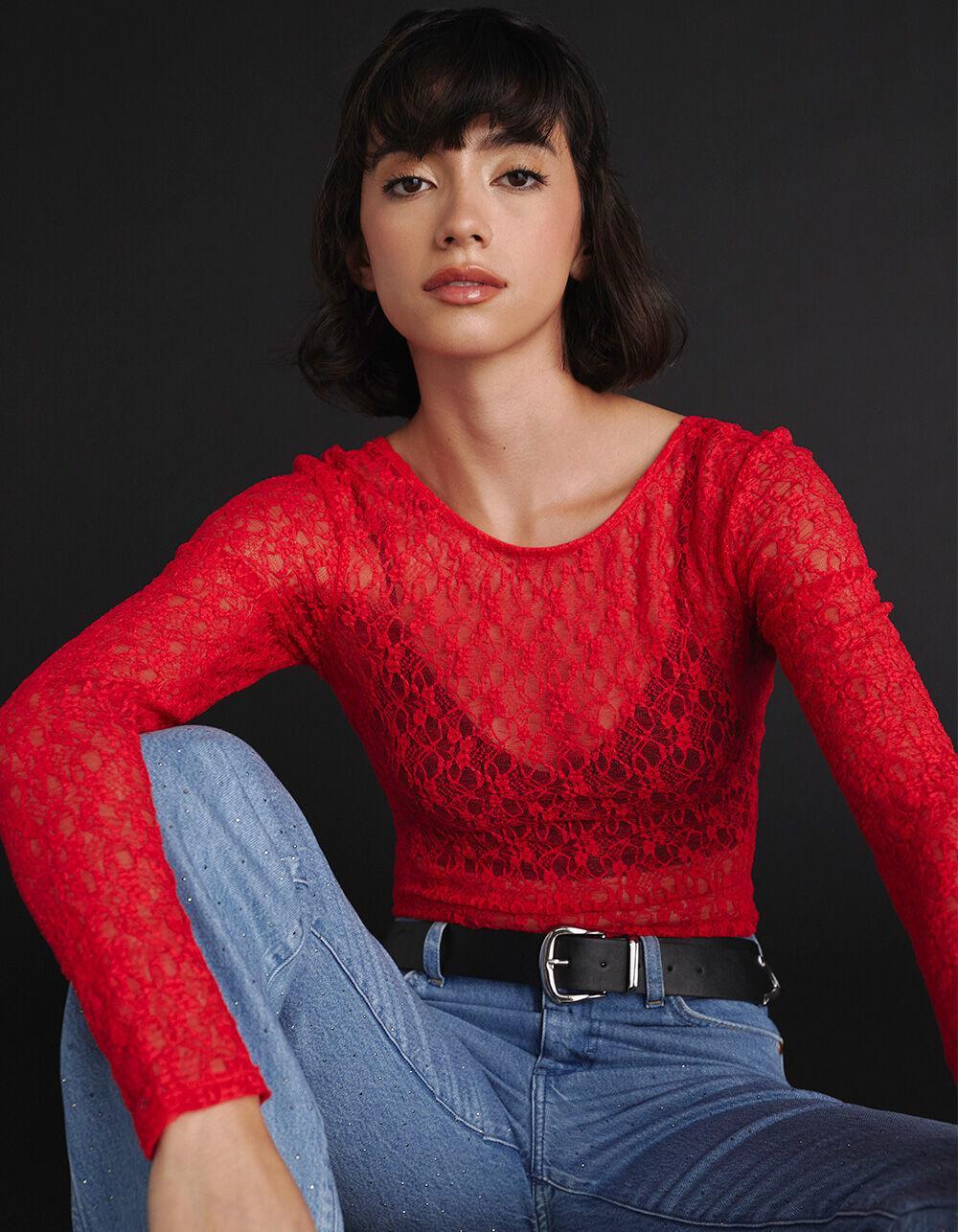 JJXX Leah Womens Long Sleeve Lace Top - RED Product Image