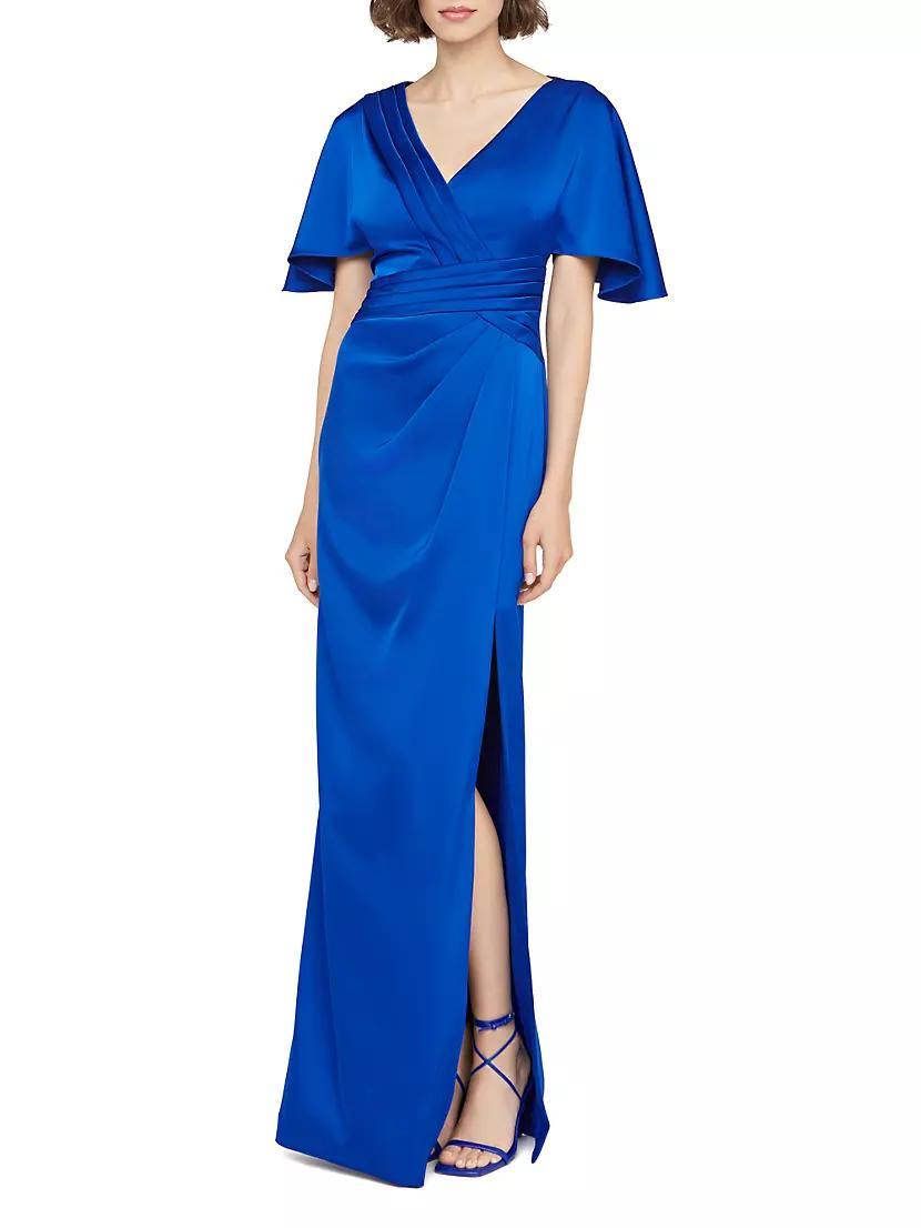 Shea Satin Pleated Flutter-Sleeve Gown Product Image