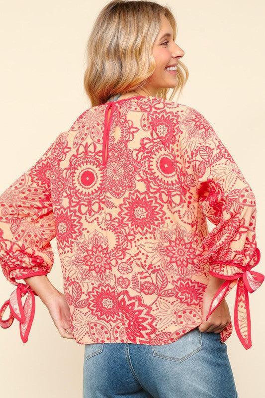Ribbon Bow Detail Floral Round Neck Blouse Product Image