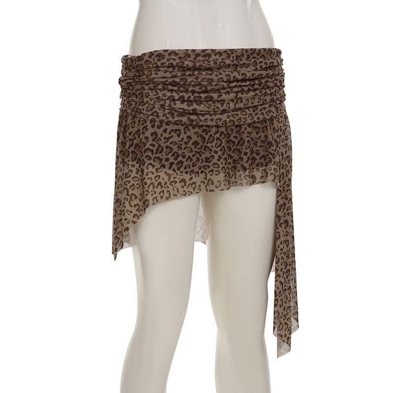 Mid Waist Leopard Print Asymmetrical Mini Pencil Skirt Product Image